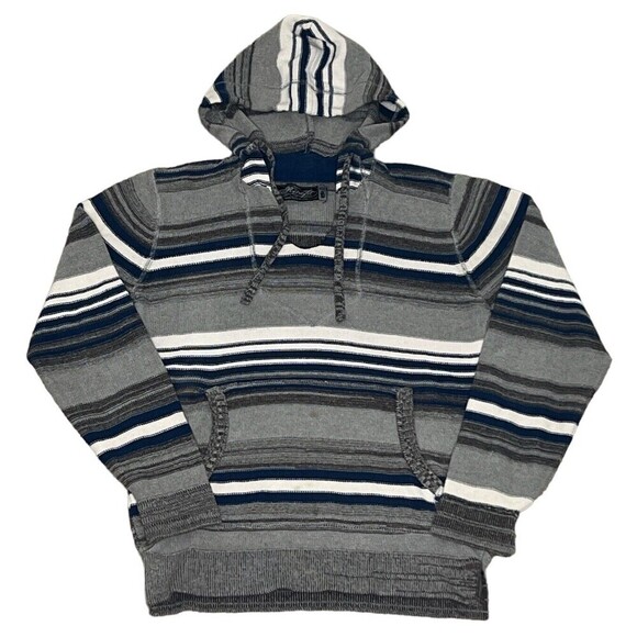 RETROFIT Hooded Striped Pullover Sweater Kangaroo Pocket Small Gray Blue - Picture 1 of 7